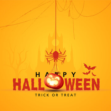 Happy halloween creative party poster with pumpkin on yellow background.