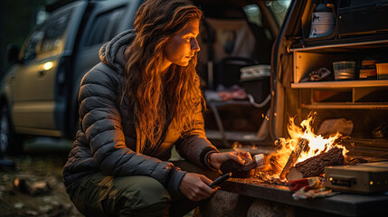 lonely girl, vanlife, camping, sitting by the fire