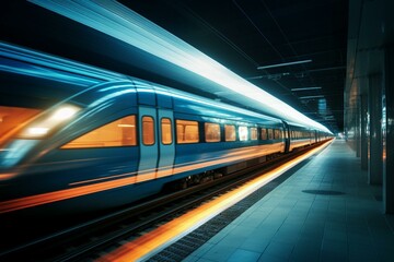 image of train traveling on automated guide-way at night with motion blur. Generative AI