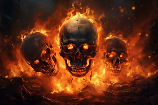 Illustration of burning and cracked human skulls depicting Halloween, death, war, and battle. Generative AI