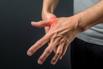 Pain in hand of Asian man. Concept of hand pain, tendinitis and joint problems, Generative AI - obrazy, fototapety, plakaty