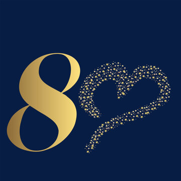 80 ans - souhaiter une f&ecirc;te ou un anniversaire avec un chiffre et un c&oelig;ur form&eacute; d&rsquo;&eacute;toiles pour remplacer le z&eacute;ro - couleur or sur un fond bleu marine.