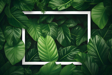 Tropical Leaves With White Frame, Abstract Green Leaves, Natural Green Background.
