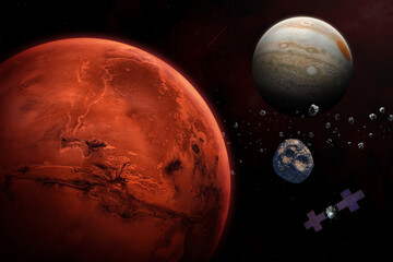 Mars, asteroid Psyche, Jupiter and Psyche spacecraft. This image elements furnished by NASA.