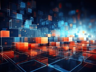 Obraz premium Abstract background of orange cubes and blue lines in three-dimensional space. Generated by AI.