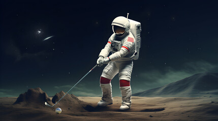 Astronauts are playing golf on the moon. - obrazy, fototapety, plakaty