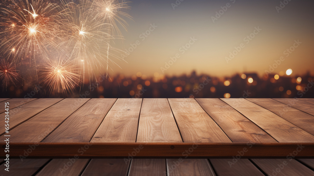 Wall mural empty wooden plank table with festive fireworks in the sky party holiday celebration.