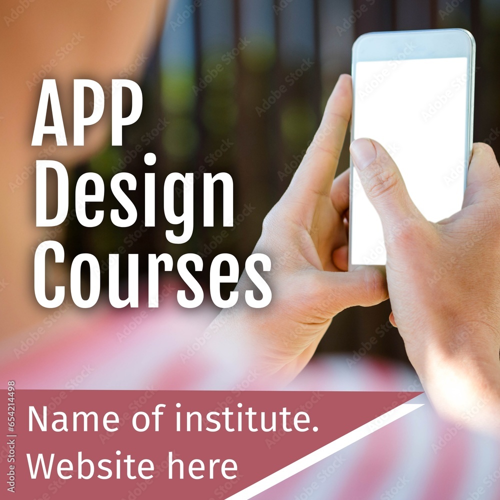 Poster hands of caucasian woman using smartphone and app design courses text