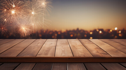 Empty wooden plank table with festive fireworks in the sky party holiday celebration.  - obrazy, fototapety, plakaty