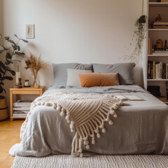  a cozy bedroom with a gray bed a fluffy  
