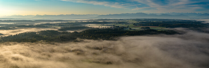 Starnbergersee Lake Bavaria. Drone Panorama with Alps mountains in the back