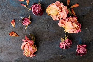 Dry roses on rustic background. Zero waste, organic decorations. Autumn vibes background. Copy space