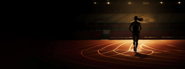 Silhouette of a female athlete running at the stadium at night - obrazy, fototapety, plakaty