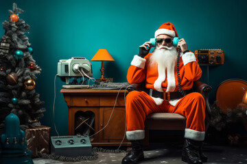 Santa Clause listen carefully the wishes for christmas or new year's eve through the radio station. Retro vintage style of message transmission. Colorful background. - obrazy, fototapety, plakaty