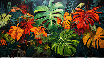 Obraz na płótnie Canvas Leaves of exotic plants in street art style created with Generative Ai