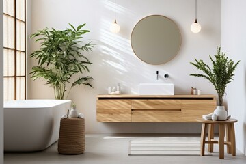 Modern bathroom with wooden vanity, white fixtures, concrete flooring, greenery, and contemporary accessories. Generative AI