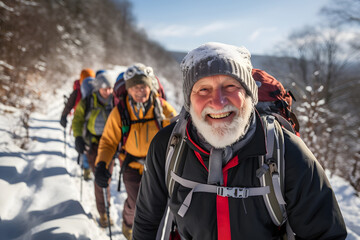 A group of happy elderly friends, smiling enjoying a trekking in the snow at the mountains. Senior outdoor healthy leisure activities during retirement