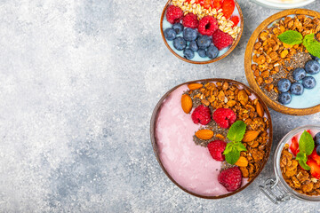 Granola bowl. Yogurt with oatmeal, fresh berries, spirulina and chia seeds. Healthly food. Tasty breakfast. Yogurt with strawberries, raspberries, blueberries, peaches, mint and mendal. Copy space.