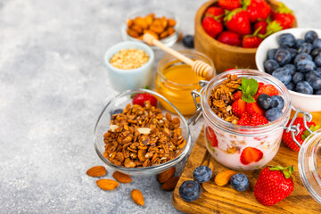 Granola bowl. Yogurt with oatmeal, fresh berries, spirulina and chia seeds. Healthly food. Tasty breakfast. Yogurt with strawberries, raspberries, blueberries, peaches, mint and mendal. Copy space.