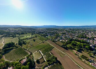 Aerial Panorama of Pertuis: Summer Horizon in Vaucluse, Luberon - Panoramic Drone View of Meadows,...
