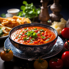 "Sommerfrische im Teller: Genieße die erfrischende Kühle von Gazpacho, der kalten Suppe mit saftigen Tomaten und frischem rohem Gemüse."