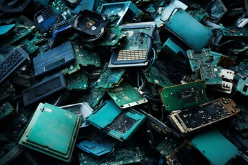 Heap of electronic waste for recycling, emphasizing need for proper management and recycling. Generative AI - obrazy, fototapety, plakaty