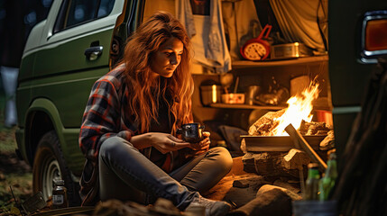 lonely girl, vanlife, camping, sitting by the fire