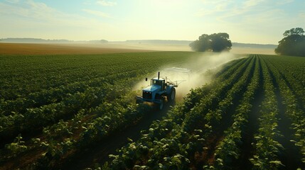 Fototapeta premium Aerial view of Tractor Spraying Pesticides in soybean field, Tractor sprays soybeans in spring. Generative Ai