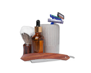 Set of men's shaving accessories on white background