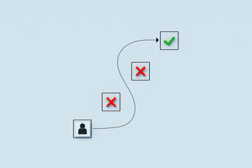 Achieving success without making mistakes. Business adaptation. Flexible strategy. Solving problems in bad conditions. Cubes with checkmark, human icon and crosses near curved arrow. 3d render