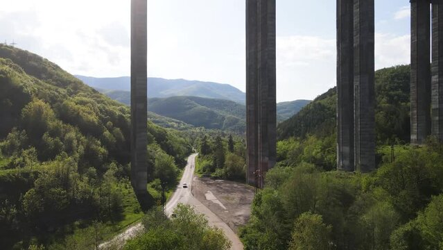 Aerial view of Vitinya Pass and Hemus (A2) motorway, Sofia Region, Bulgaria
