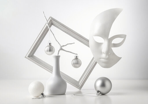 Monochrome still life: mask on a white background, picture frame, abstraction
