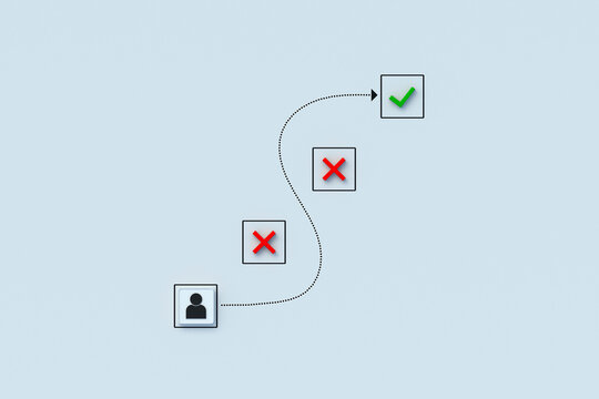 Achieving success without making mistakes. Business adaptation. Flexible strategy. Solving problems in bad conditions. Cubes with checkmark, human icon and crosses near curved arrow. 3d render