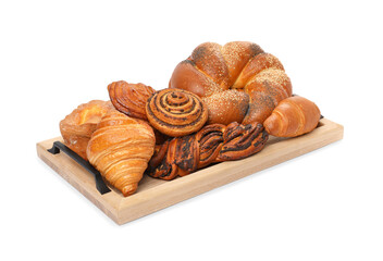 Wooden tray with different pastries isolated on white