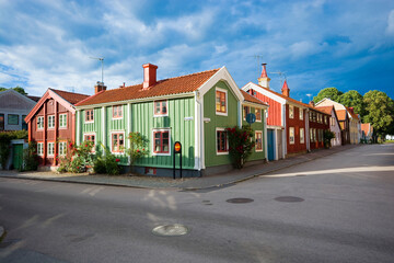 Colorful wooden houses on Kvarnholmen island, Kalmar, Sweden