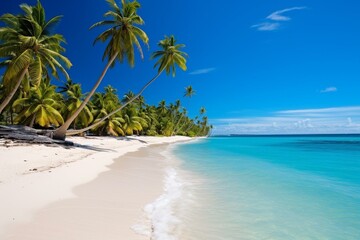Stunning sandy beach surrounded by lush palm trees and crystal-clear blue waters. Generative AI