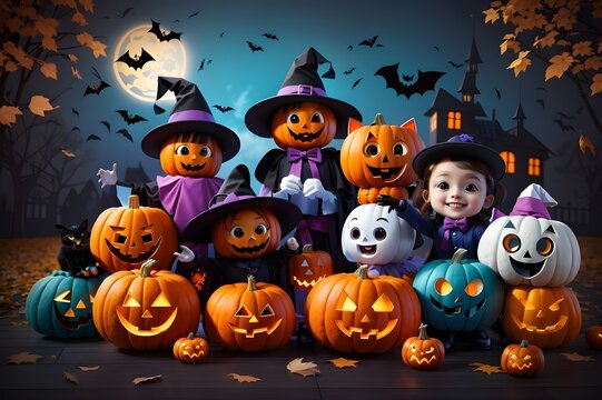 Whimsical Halloween Friends: Cute Pumpkins, Playful Black Cats, Friendly Ghosts - Vibrant and Adorable Characters for All Ages