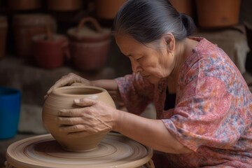 Woman making pot workshop art. Ceramic craft. Generate Ai