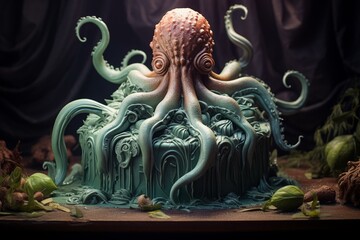 Illustration of a cake styled after Cthulhu. Generative AI