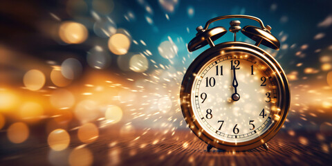 Clock in a bright blurry bokeh background with dynamic lines showing time fastness