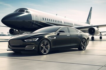 Luxury transportation / 3D render of a stylish car with a sleek jet plane. Generative AI