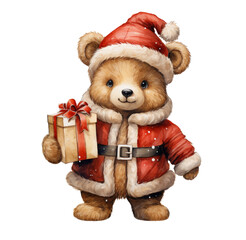 Watercolor illustration of a bear in a Santa suit. Generative AI, png image.