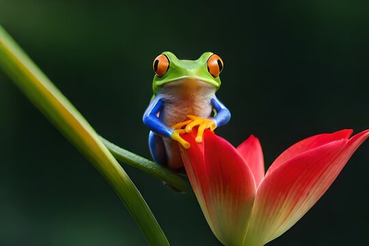 Australian White Tree Frog Sitting On Branch, Dumpy Frog On Branch, Tree Frogs Shelter Under Leaves, Amphibian Closeup