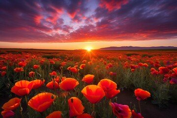 Sunset view of poppies blooming in a spring field. Generative AI