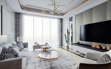 The modern luxury interior of the living room is bright and clean. 3D illustration
