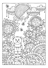 Coloring page with flowers. Floral background for coloring. Art therapy for children and adults