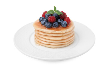 Delicious pancakes with berries, mint and honey isolated on white