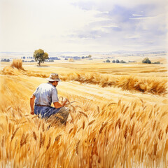 Serene Agricultural Landscape - Watercolor Illustration