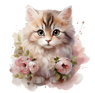 Watercolor illustration of a cute beige kitten with flowers. Generative AI, png image.