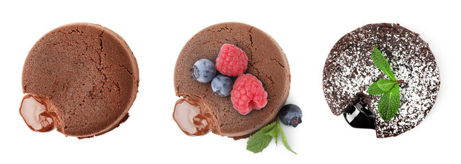 Set of yummy fondant cakes with hot chocolate isolated on white, top view
